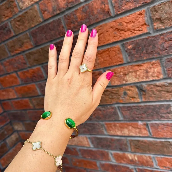 Selena Green Cat Eye Agate 18K Gold Stainless Steel Waterproof Cuff Bracelet - Picture 9 of 17